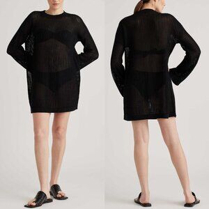 NWT Quince Black Organic Cotton Open-Knit Long Sleeve Cover-Up Mini Dress